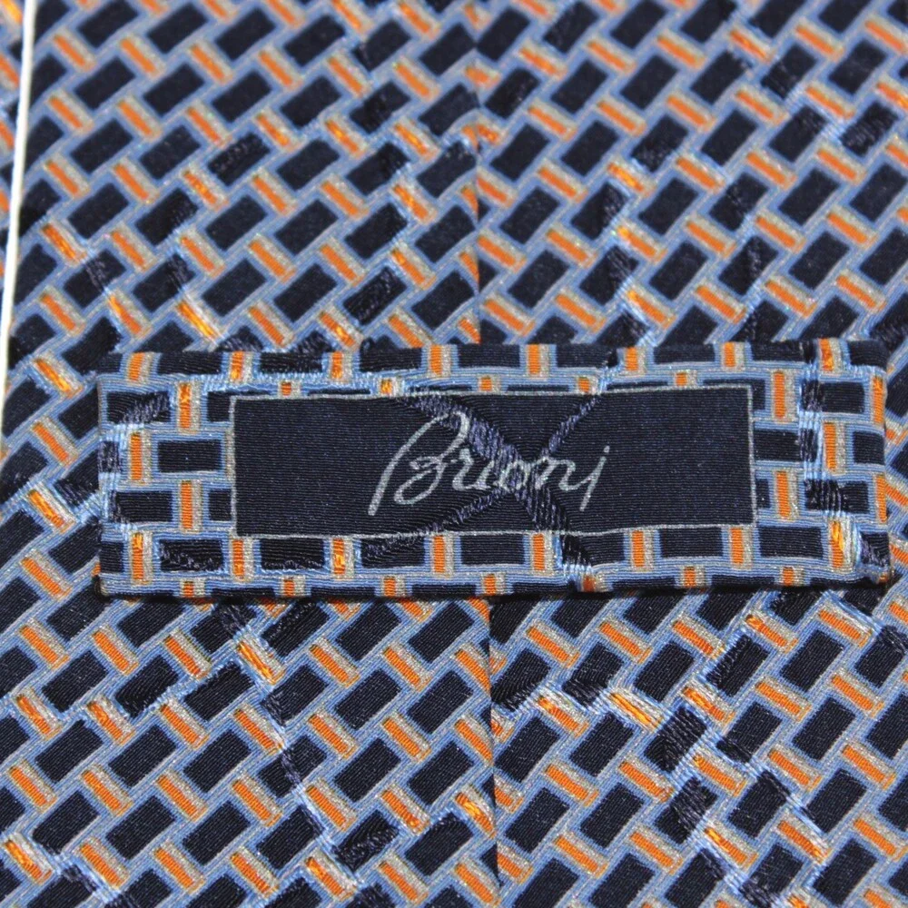 Brioni NWOT Neck Tie in Blues & Orange Geometric Print 100% Silk Made in Italy